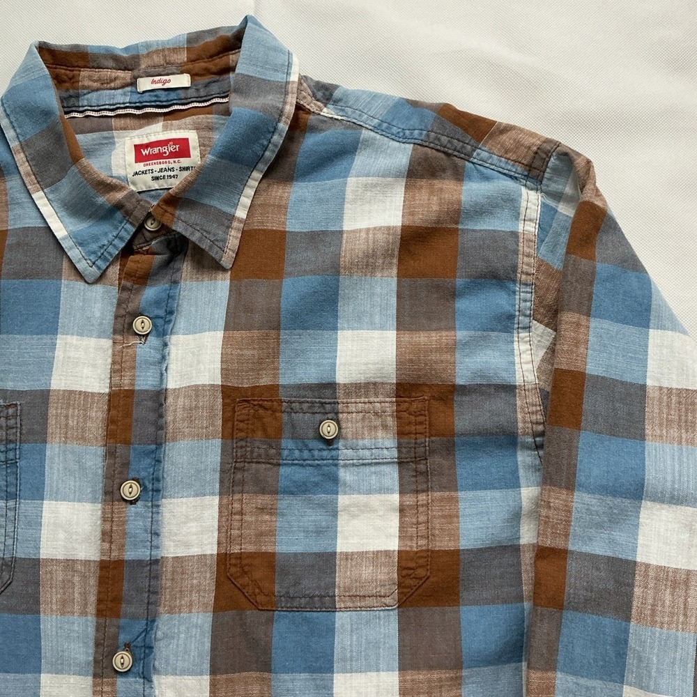 Wrangler Indigo Mens 2XL Blue Brown Plaid Cotton Long Sleeve Button Down Shirt